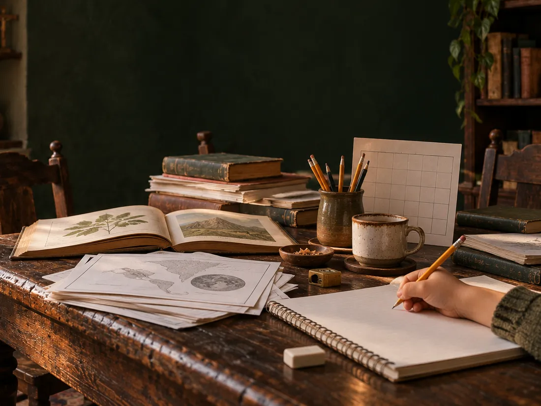 Mesa de estudio en casa con libros, láminas y un chico escribiendo en su cuaderno