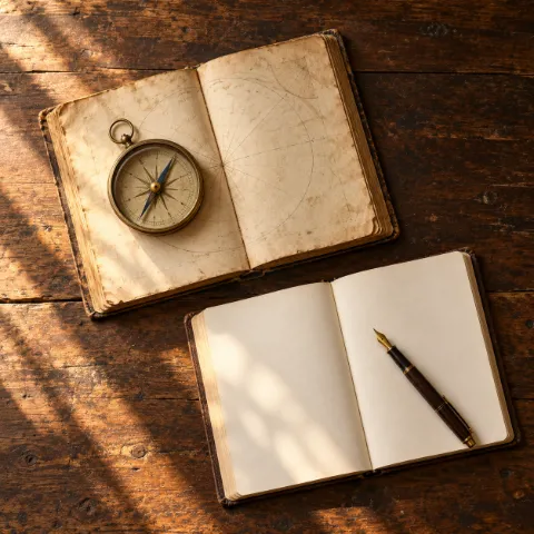 Brújula antigua sobre un libro abierto, junto a un cuaderno en blanco y una pluma