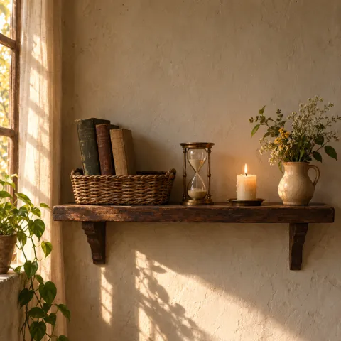 Estante ordenado con una canasta de libros, un reloj de arena, una vela y flores