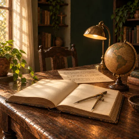 Libro abierto con un compás, una partitura, un globo terráqueo y una lámpara de lectura
